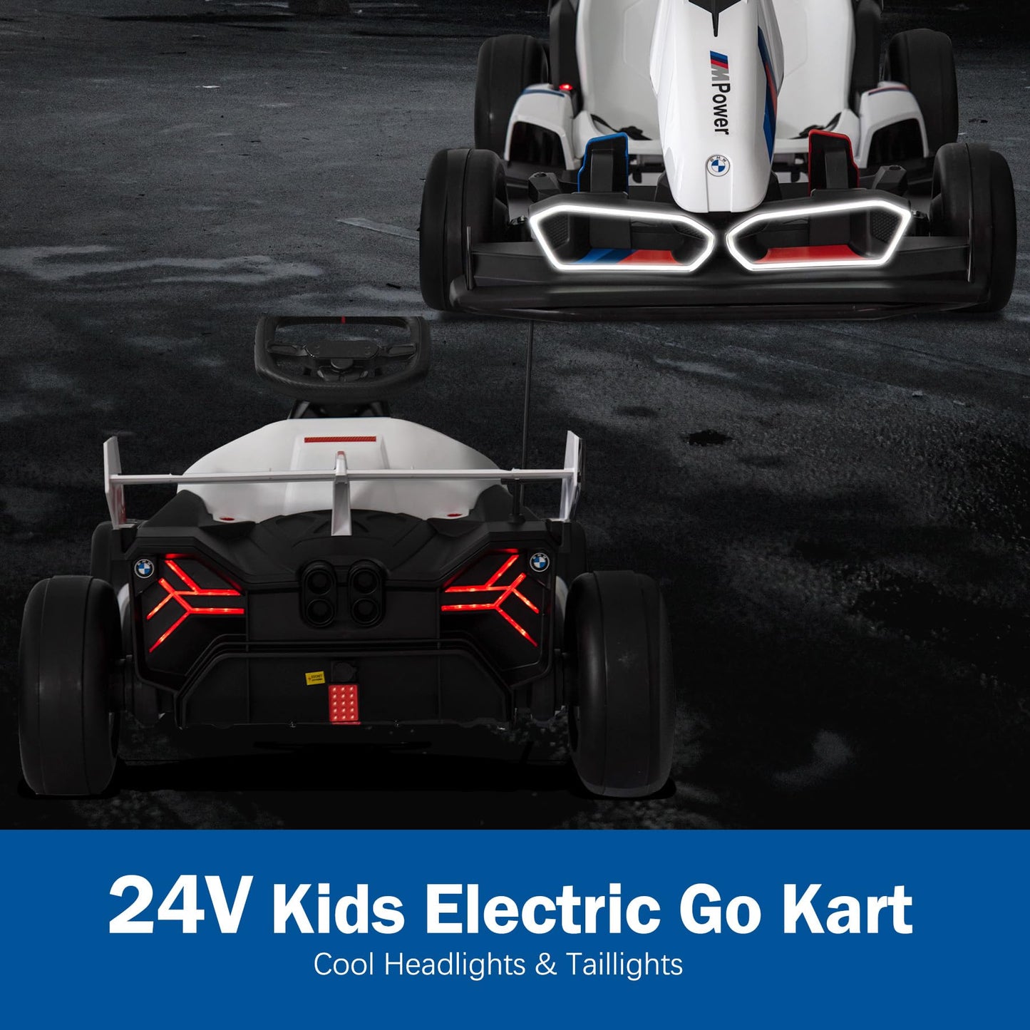 FORESEE 24V Licensed BMW Kids Electric Go Kart - Adjustable Seat, 7.5 MPH, Drifting, LED Lights, 132 lbs Capacity, for Ages 6+,