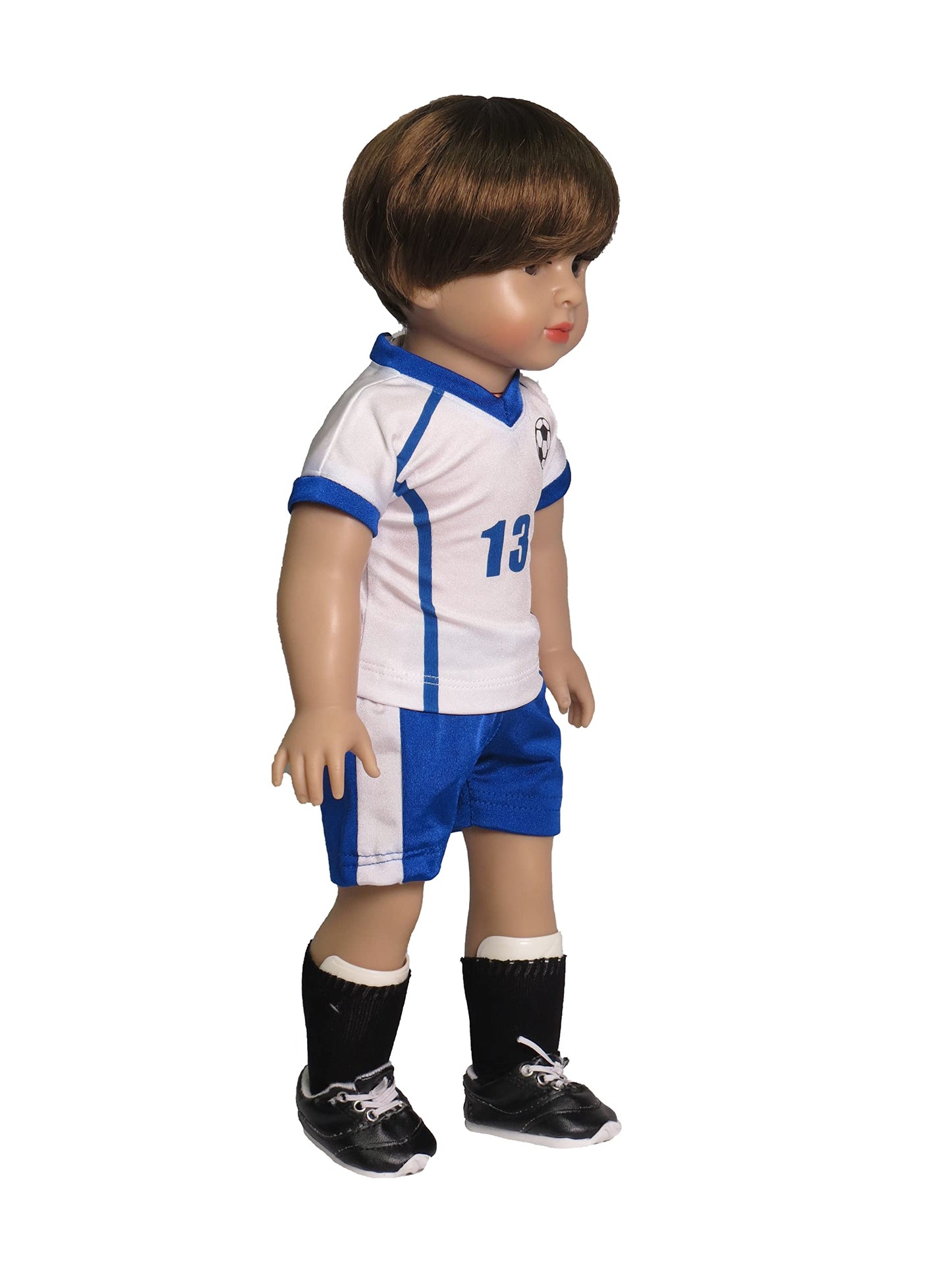 American Fashion World Blue and White Soccer Uniform for 18-Inch Dolls | Accessories Included | enhanced Quality & Trendy Design | Dolls Clothes | Outfit Fashions for Dolls for Popular Brands