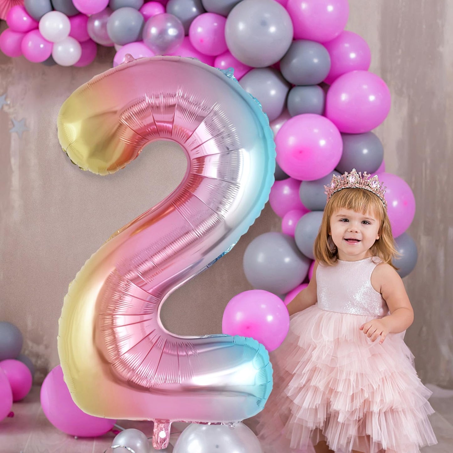Rainbow Gradient Number 2 Balloon, 40 Inch Big Large Foil Number Balloons, Jumbo Mylar Number 2 Balloons For 2 Second Birthday P