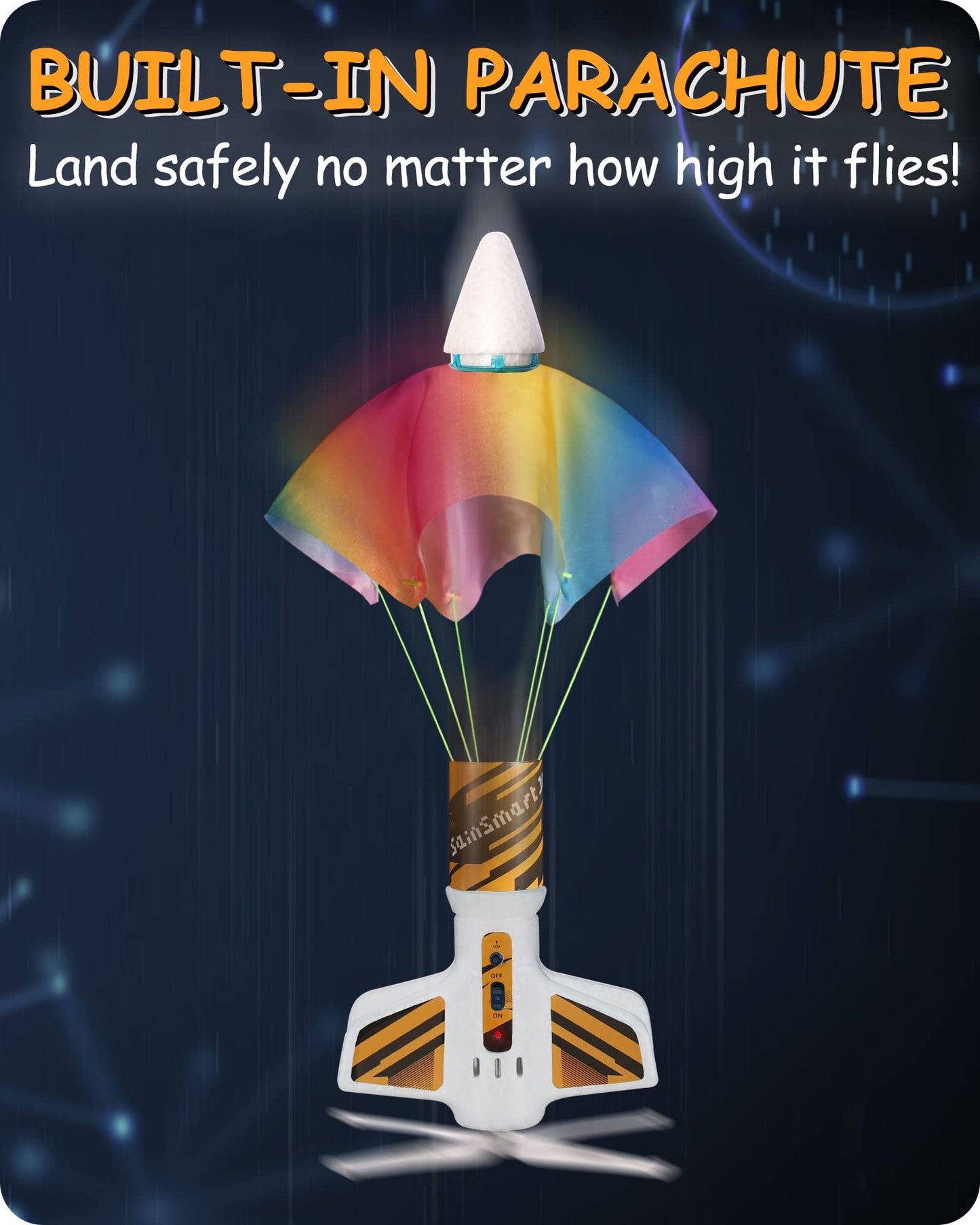 SainSmart Jr. Motorized Rocket Launcher - Air Rocket Toy, 200 ft Range, Parachute, White, 5"L x 10"H