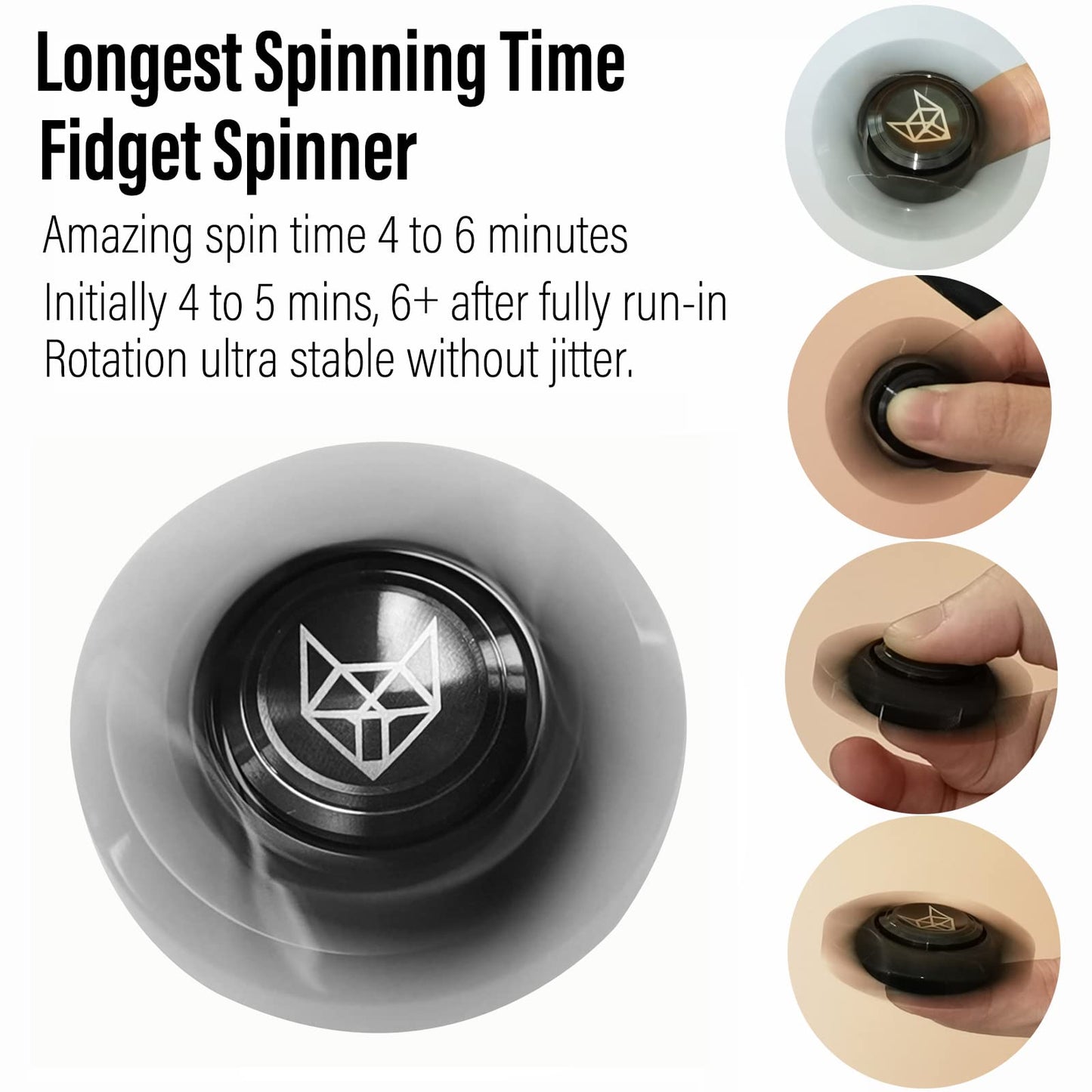 Freelove Metal Fidget Spinner, Stainless Steel Heavy, Long Spinning Toys, Cool Silent, Small Mini Fox Figette Spiner For Adults Men Anxiety, Quiet Bearing, Black