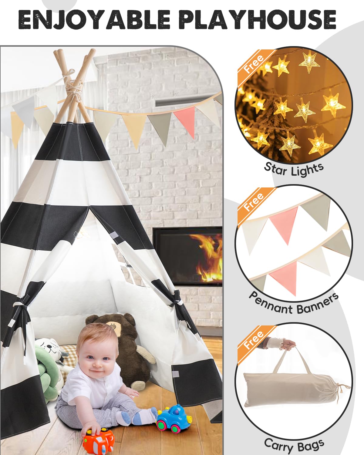 Teepee Tent For Kids, Xiaowantong Kids Teepee Tent With Lights, Carry Bag, Natural Cotton Canvas Toddler Play Tent Indoor, Washable Foldable Teepee Tent For Girls & Boys Outdoor (Stripe Black)