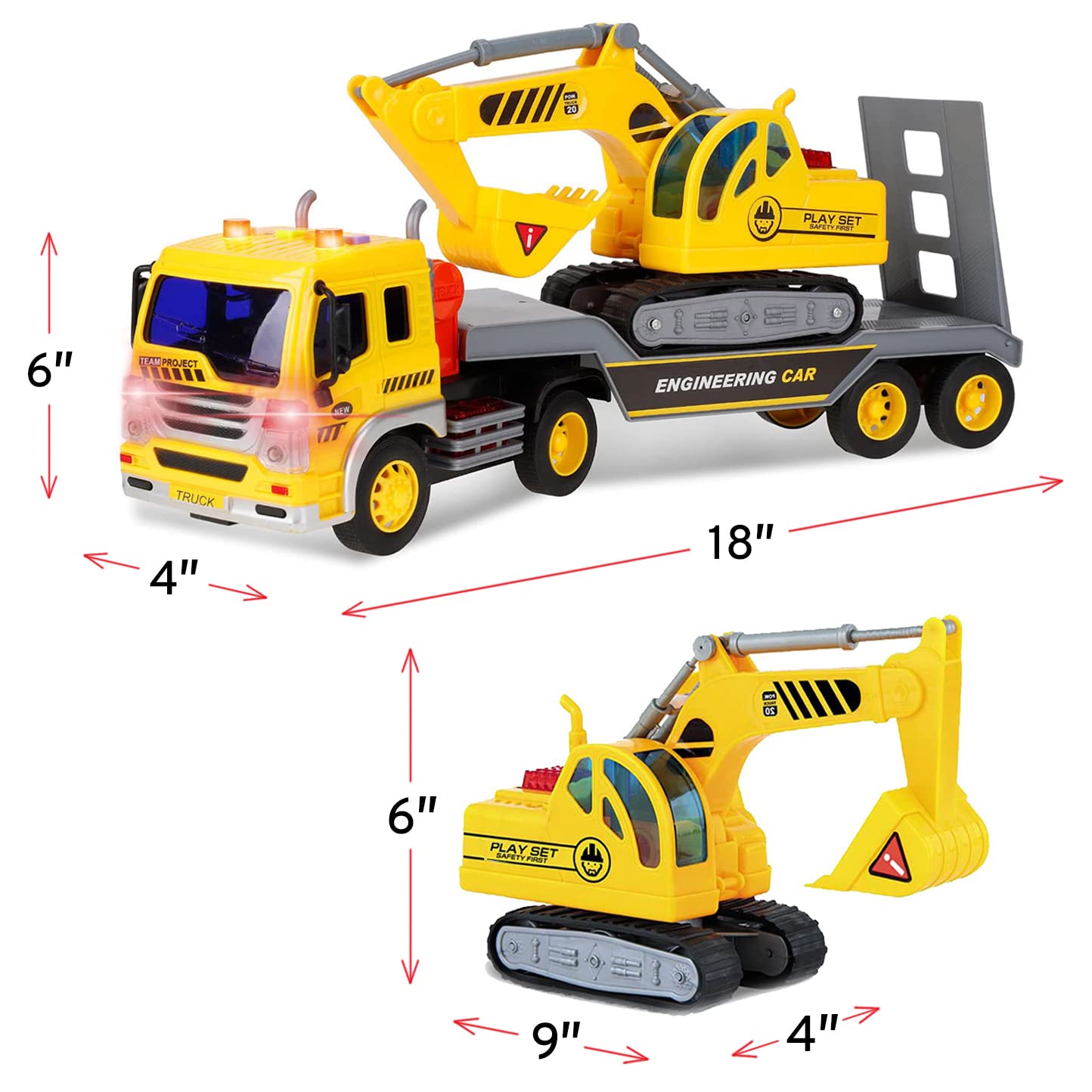 TOYTHRILL Tow Truck with Excavator Toy for Boys 2+ Year Old, Construction Truck Toy with Excavator, Semi Truck with Lights and S