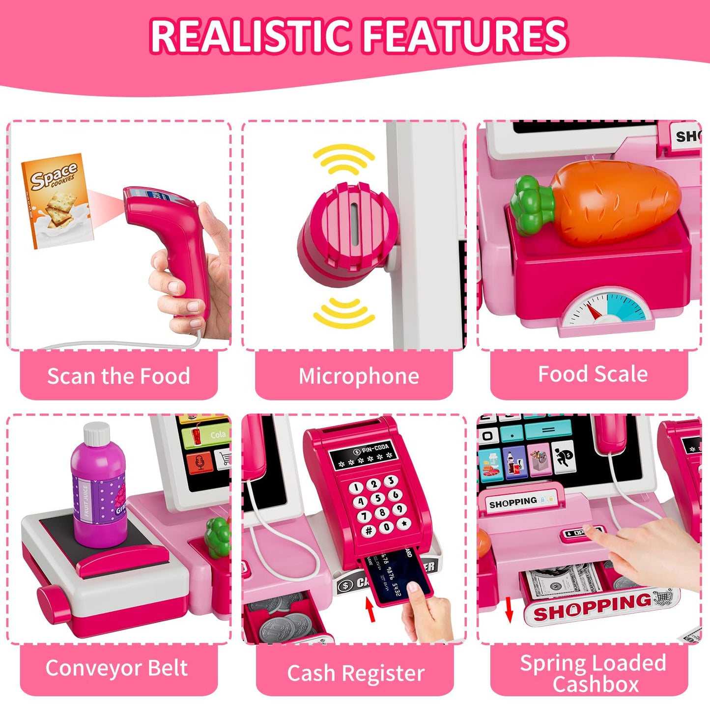 Hyes Kids Cash Register Toy Playset With Real Calculator, Toddler Pretend Play Store Incl Scanner/Credit Card/Play Money/Conveyo