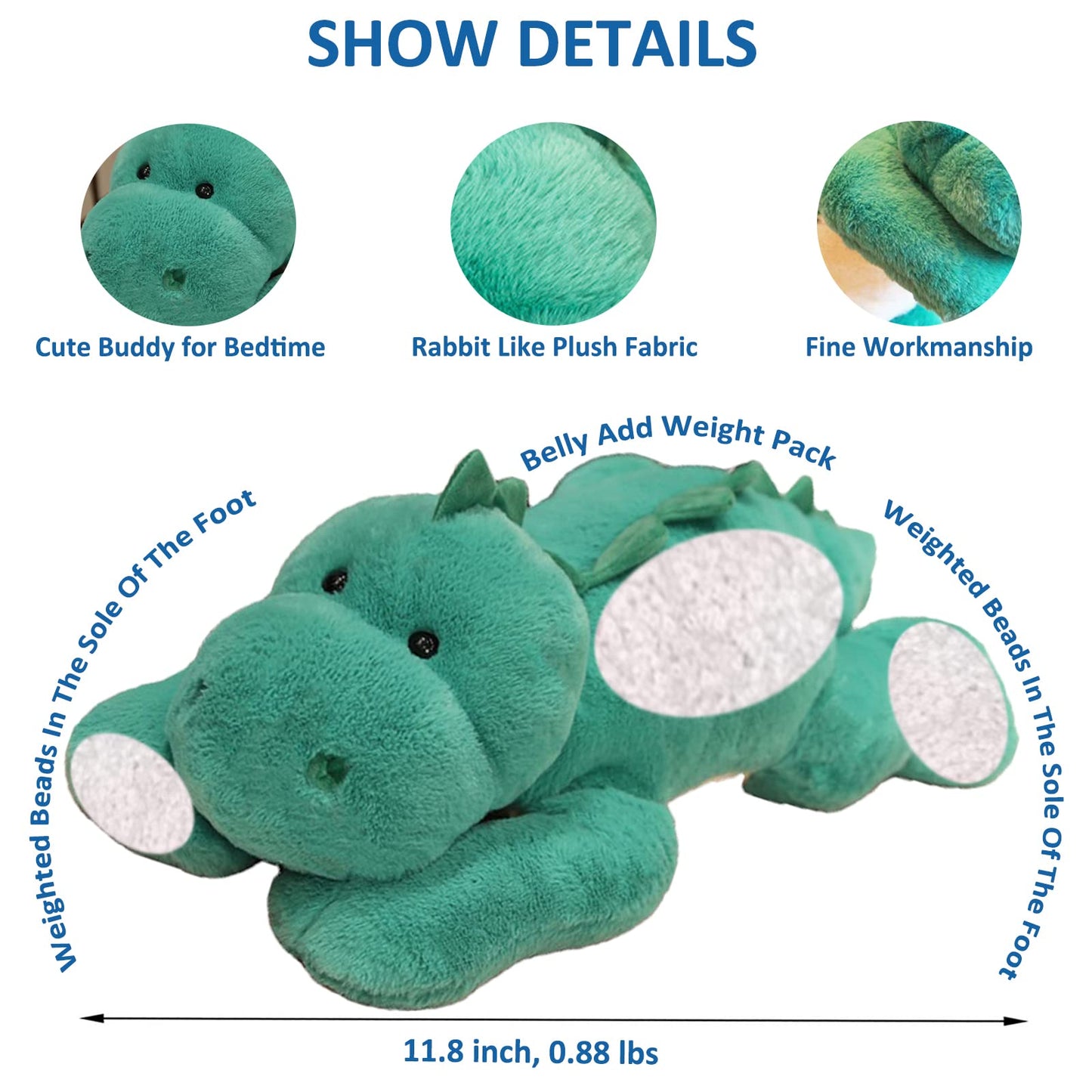 ronivia Weighted Dinosaur Plush Toy, 11.8" Green Stuffed Animal, Soft Plush Material, Model ronivia2558
