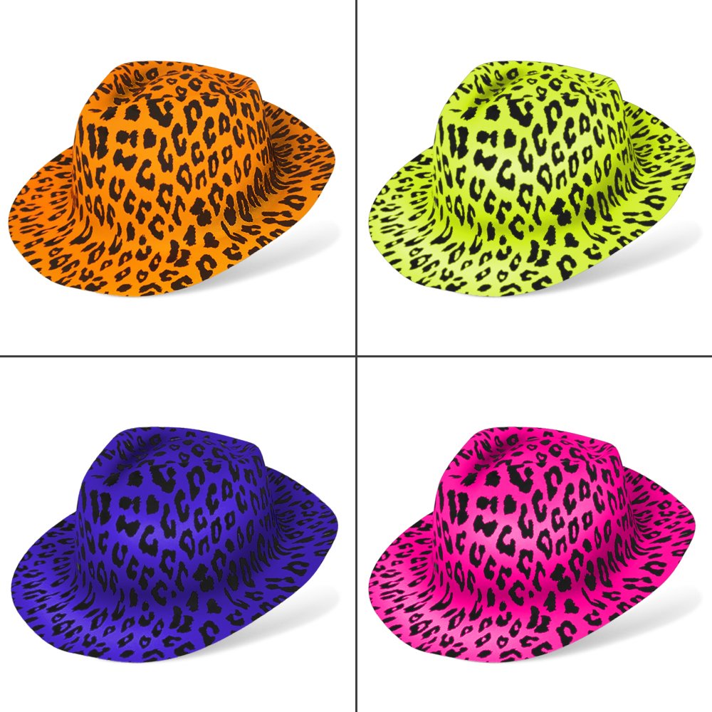 Novelty Place Neon Animal Print Plastic Party Hats, Fedora with Gangster Mafia Style, UV Blacklight Glow Party Stars Rave Hats f