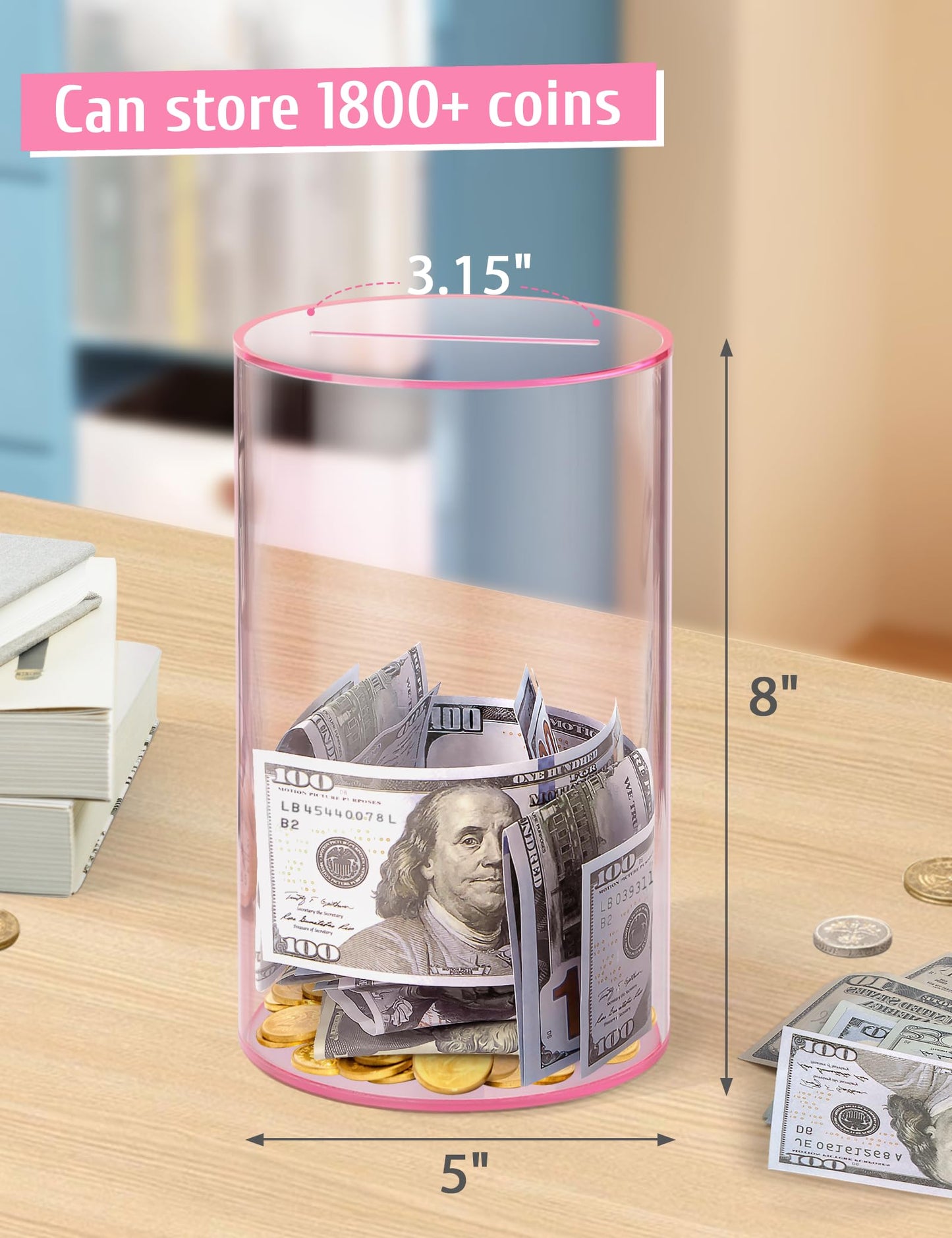 Clear Acrylic Piggy Bank For Adults Kids, Clear Money Saving Jar Must Break To Open, Unopenable Piggy Bank For Cash Coins (Pink,