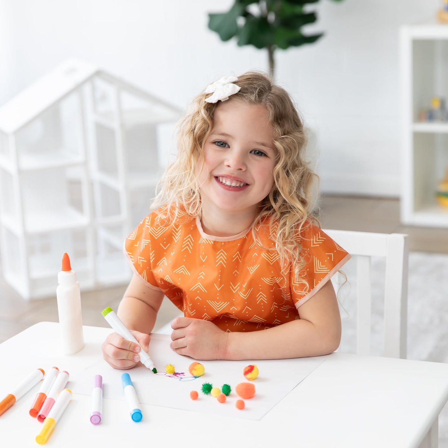 Bumkins Short Sleeve Smock, Toddler Reusable Waterproof Bib For Girls And Boys Ages 3-7 Years, Junior Childrens, Kids Paint Apron, Arts, Crafts And Play With Pocket, Soft Fabric, Boho Orange