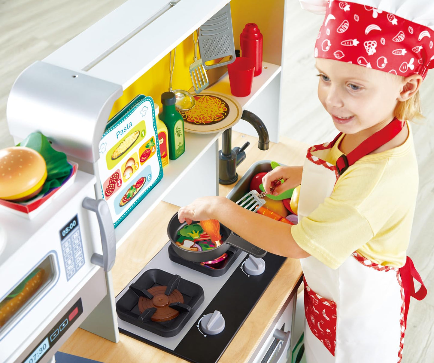 Hape E3177 Deluxe Game Kitchen With Microwave, Coffee Maker, Refrigerator, Oven, Hob With Frying Pan Fun With Many Accessories, From 3 Years, L: 34.9, W: 11.7, H: 35.4 Inch