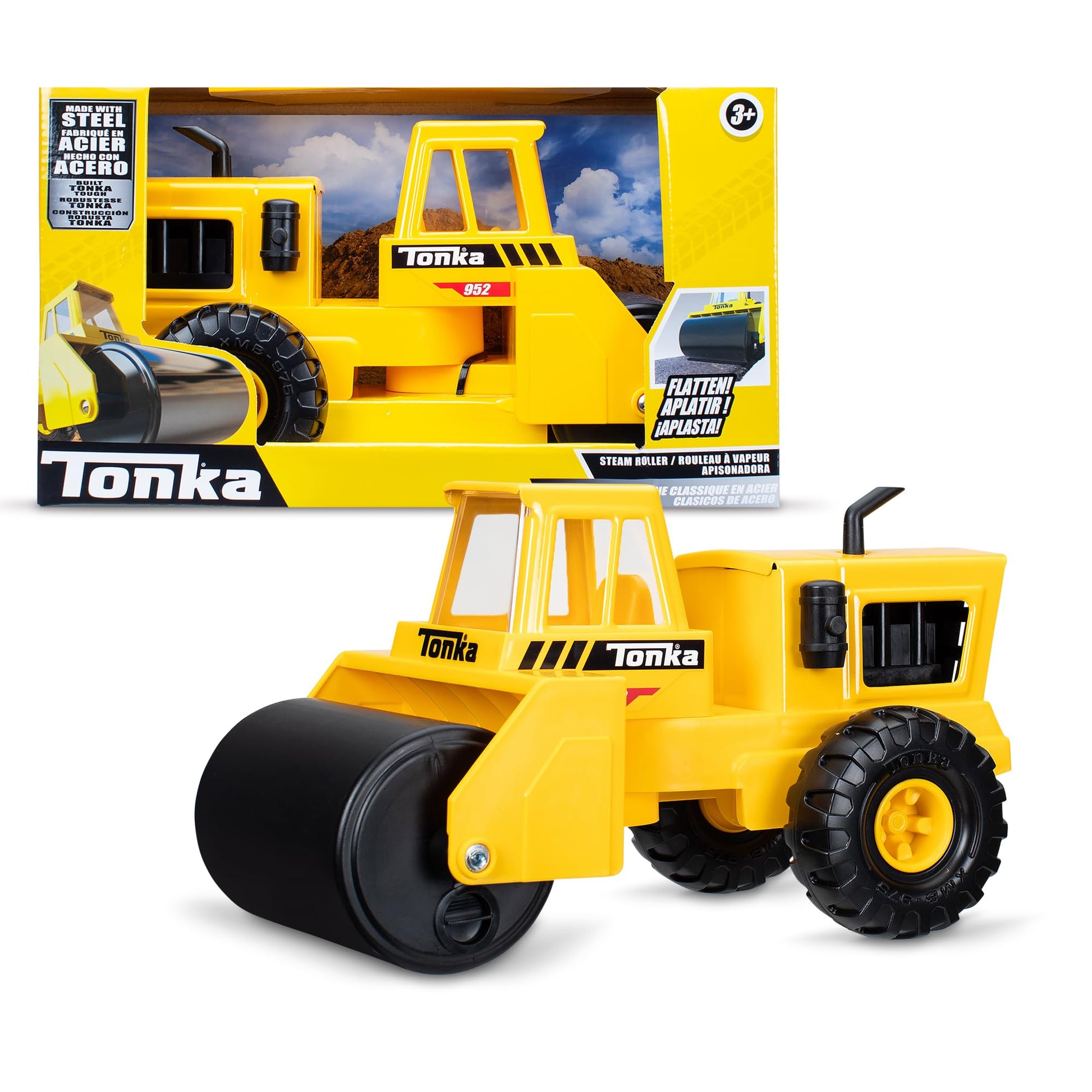 Basic Fun Tonka Steel Road Roller, Made of Real and Durable Steel, Yellow Demolition Toy with Realistic Operation, for Boys and 