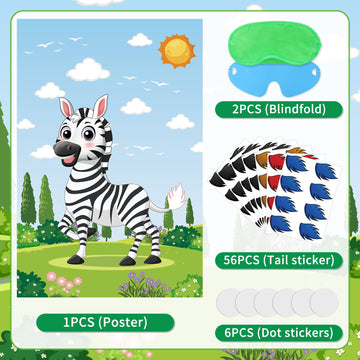 Pin The Tail On The Zebra Party Games For Kids Wild Animal Birthday Party Decorations, For Jungle Safari Party Decorations Zoo Party Supplies For Boys Girls, Large Zebra Poster With 56 Tail Stickers