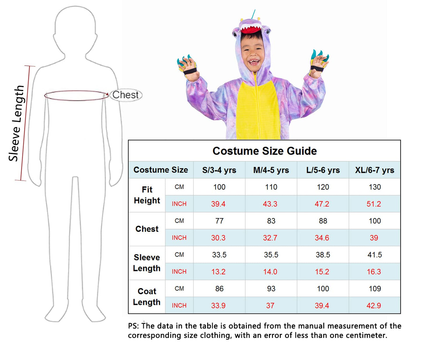 Dearsun Child'S T-Rex Dinosaur Costume Dinosaur Costume For Kids Fancy Dress Costume Hooded Romper Jumpsuit (Xs/90, Purple)