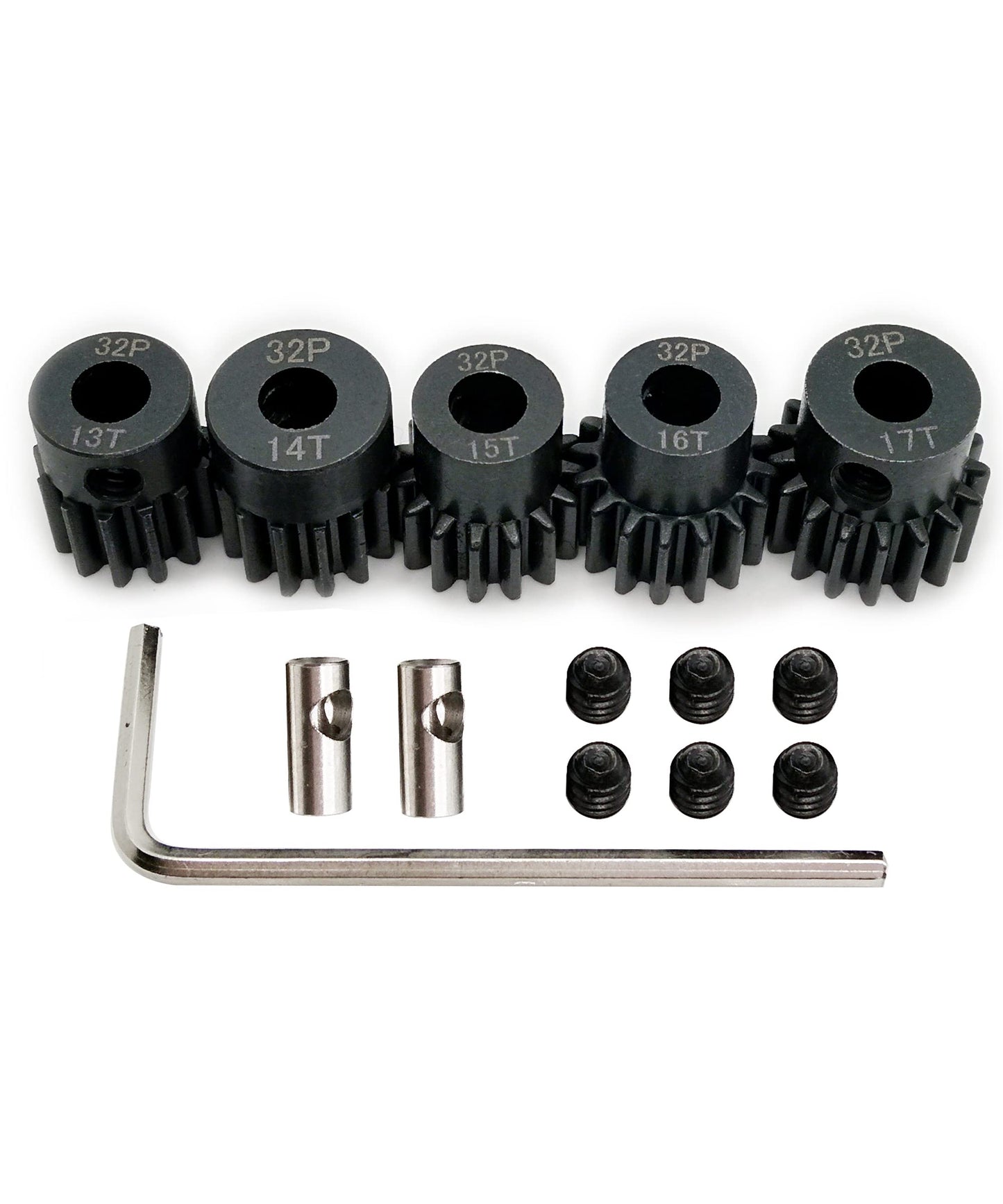VICRAZZE 32p 5mm Pinion Gear Set 13T 14T 15T 16T 17T with 1/8 inch(3.175mm) Coupler and hex Key for 0.8 Metric Pitch RC Buggy Ca