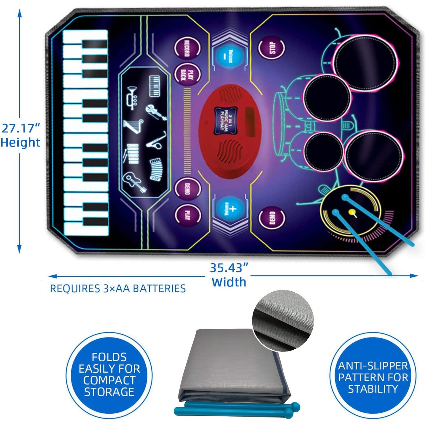 Qshark 2 In 1 Kids Music Learning Toys For Boys Girls, Drum Set + Piano Mat | Record & Playback, Built-In Songs, 8 Instrument So
