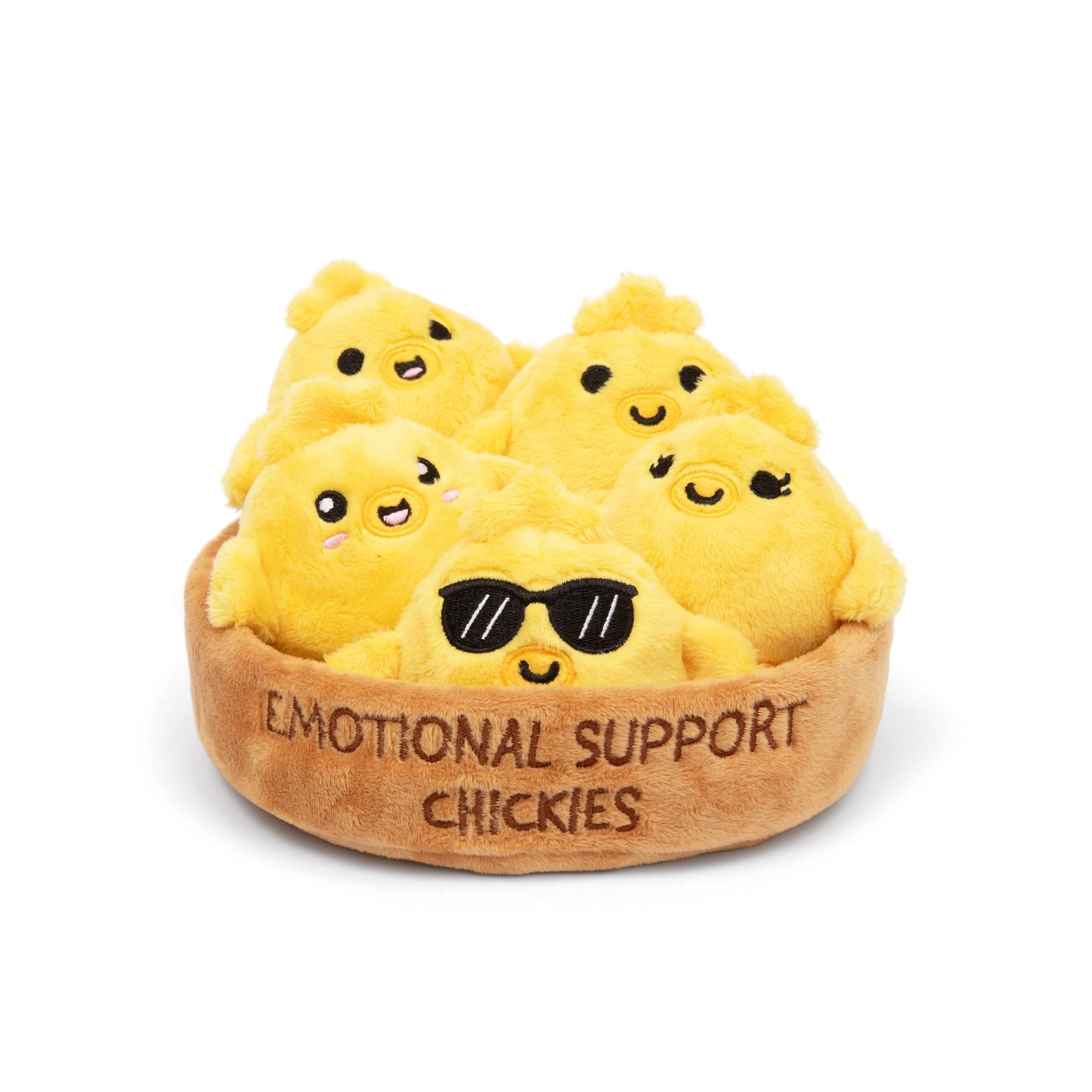 WHAT DO YOU MEME? Emotional Support Chickies - 5 Plush Toys Set, Medium Size, Multi-Color, Soft Polyester with Carrying Basket, Model ESC527