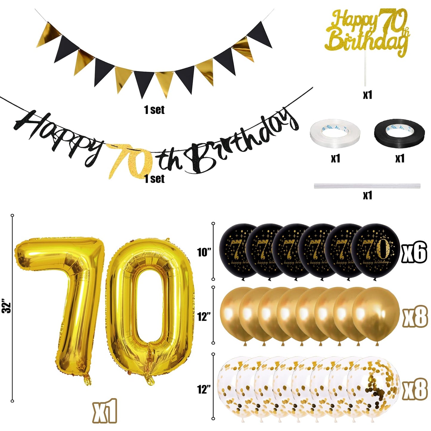 Jobkoo 70Th Birthday Decorations Men, Black Gold 70Th Birthday Party Decoration Women Golden Black 70Th Birthday Balloons 70Th C