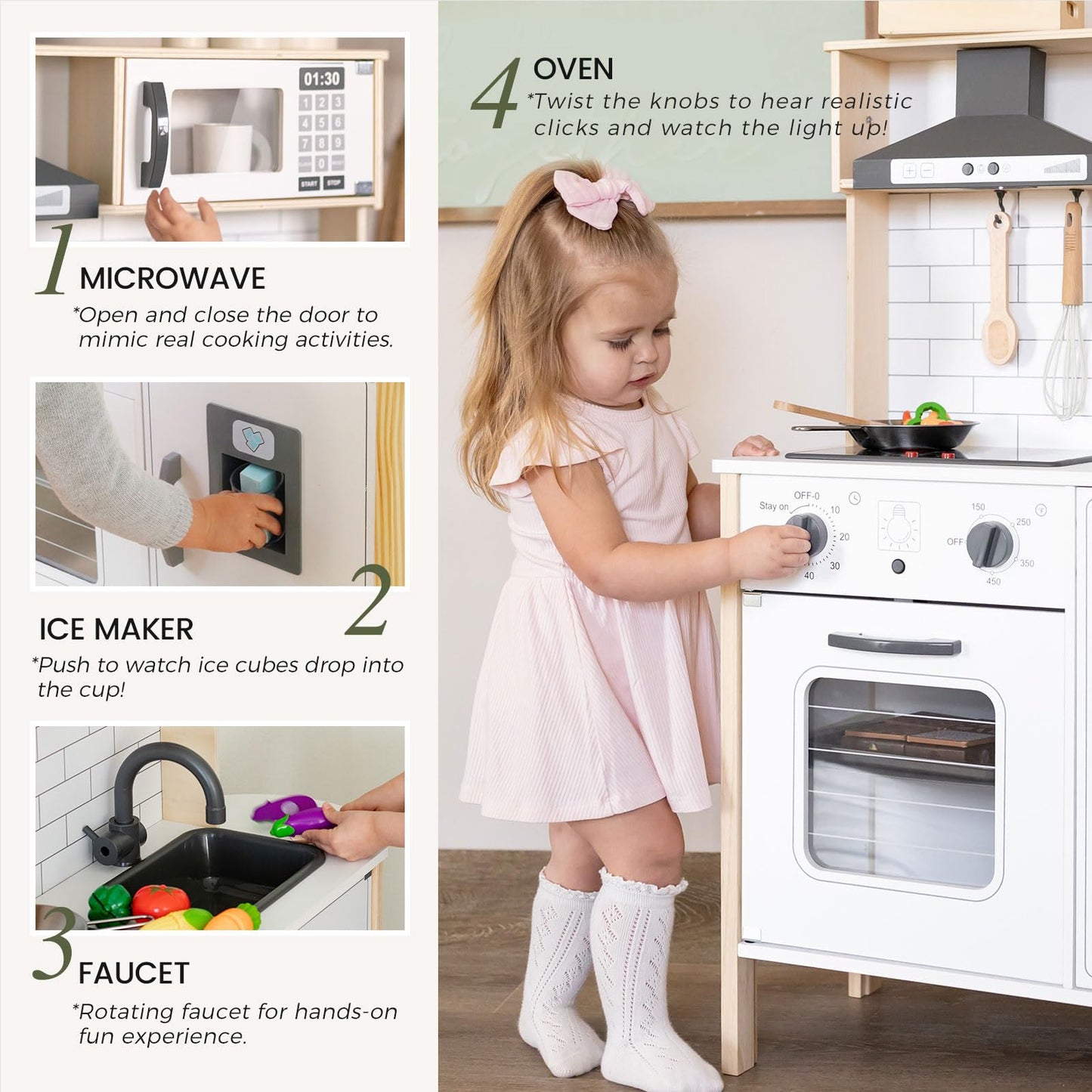 Tiny Land Play Kitchen for Kids, Wooden Kids Play Kitchen Playset Chef Pretend Play Set for Toddlers with Real Lights & Sounds,