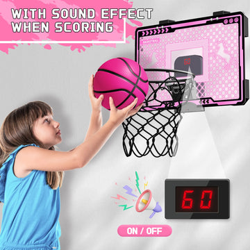 Basketball Hoop Indoor Kids Girls Pink - Mini Over The Door Basketball Hoops With Electronic Scoreboard Toys & 3 Balls, Unicorn