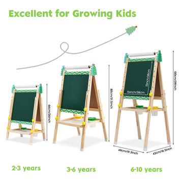 Kids Easel With Paper Roll Wooden Art Easel With Chalkboard & White Board Painting Accessories Storage Tray Double-Sided Board H