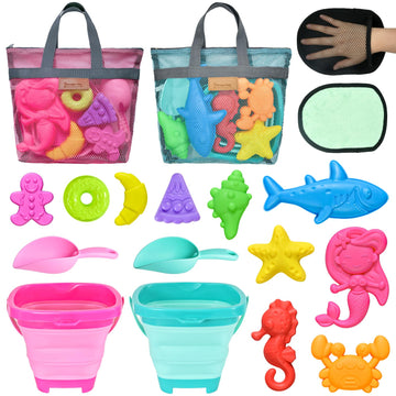 Aclarastra Collapsible Beach Sand Toys for Kids - Travel Beach Toys with 2 Collapsible Beach Buckets, Mesh Bags, Animal Sand Mol