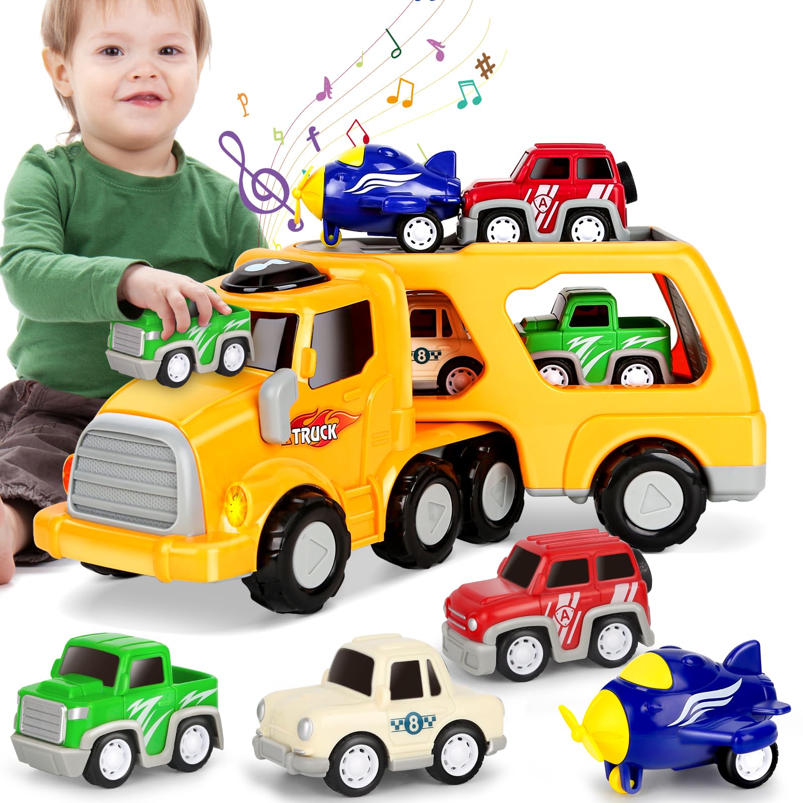 Dreamon 5-In-1 Transport Vehicles Toys For Toddler With Light & Sound, Ideal Construction Car Toy Christmas Birthday Gifts For Kids