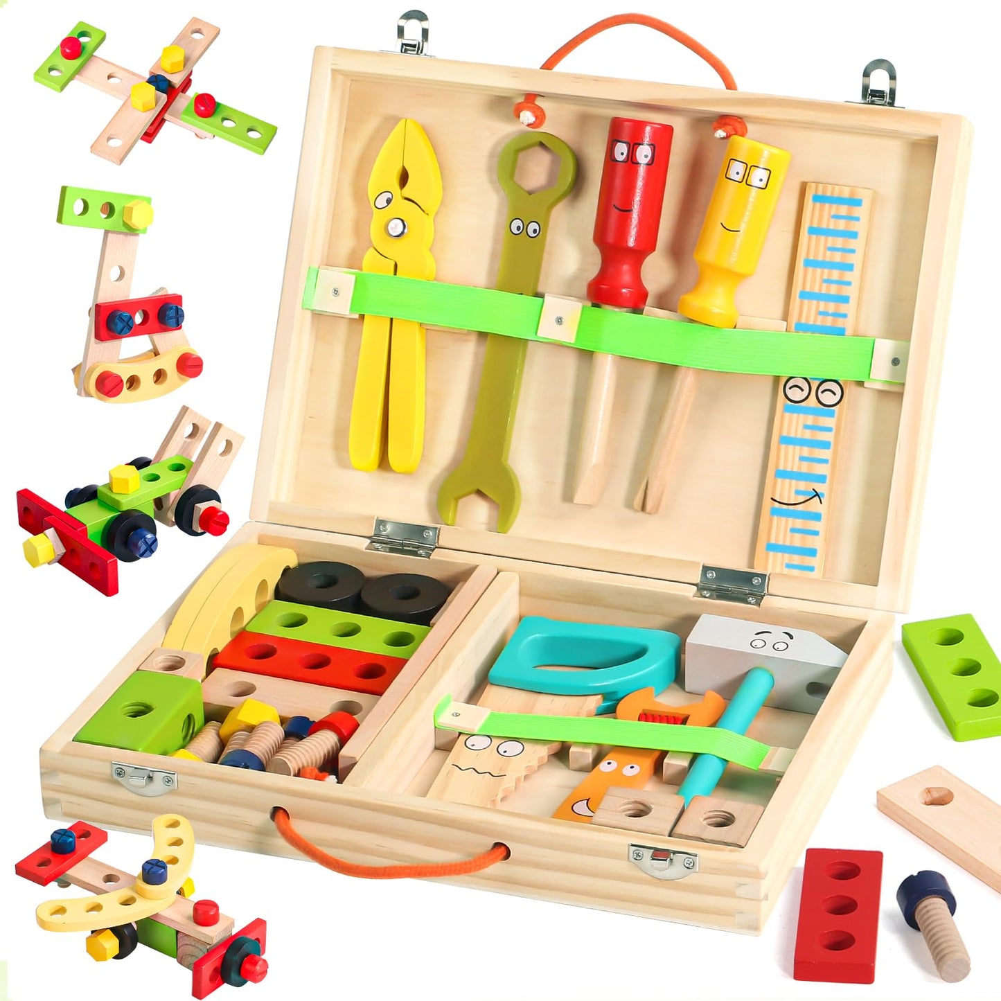 TONZE Kids Tool Set - 34 PCS Wooden Montessori Tools for 3-4 Year Olds, Educational STEM Toys, Red, Medium Size