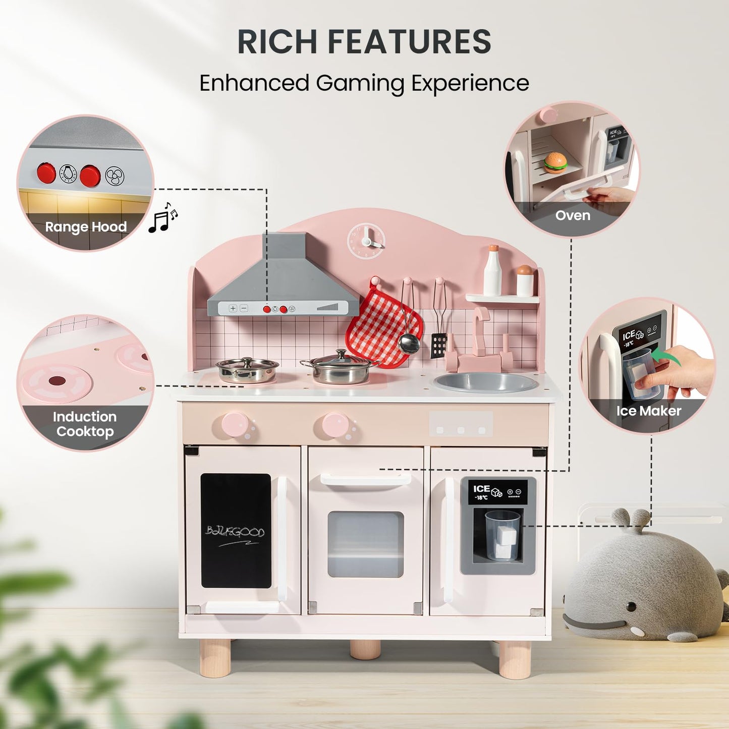 Bluewood Wooden Kids Kitchen Playset For Toddlers Ages 3-8, With Induction Hob, Oven, Ice Maker, Hood, And Tap - Chtelet Creamy