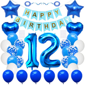 Huture 12 Birthday Party Supplies Blue Number 12 Foil Balloon Happy Birthday Banner Kit 12Th Birthday Decoration White Blue Late