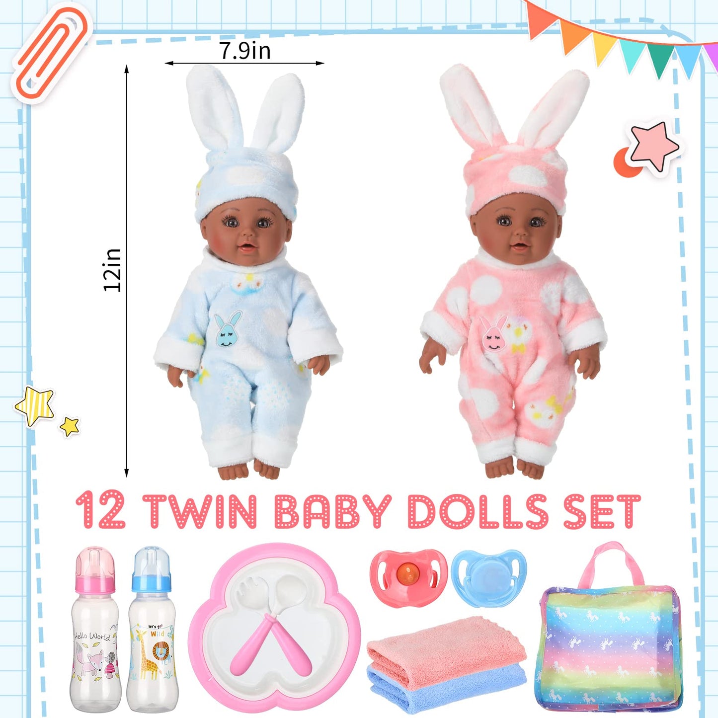 10 Pcs Realistic Twin Baby Dolls Toy Set Include 2 Pcs 12 Inch Baby Dolls  Feeding Set  Pacifiers  Doll Diapers  Bags  Milk Bottles Removable Outfit for Toddler Kids 6+ Gift(Black)