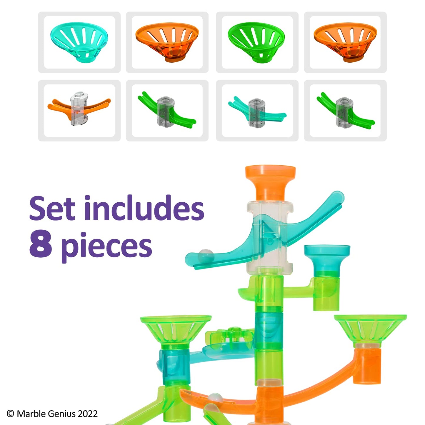 Marble Genius Marble Run Stunts Slider Set - 8 Pcs, Neon Plastic, 4 Two-Way Sliders & 4 Catch Buckets, Ages 5+