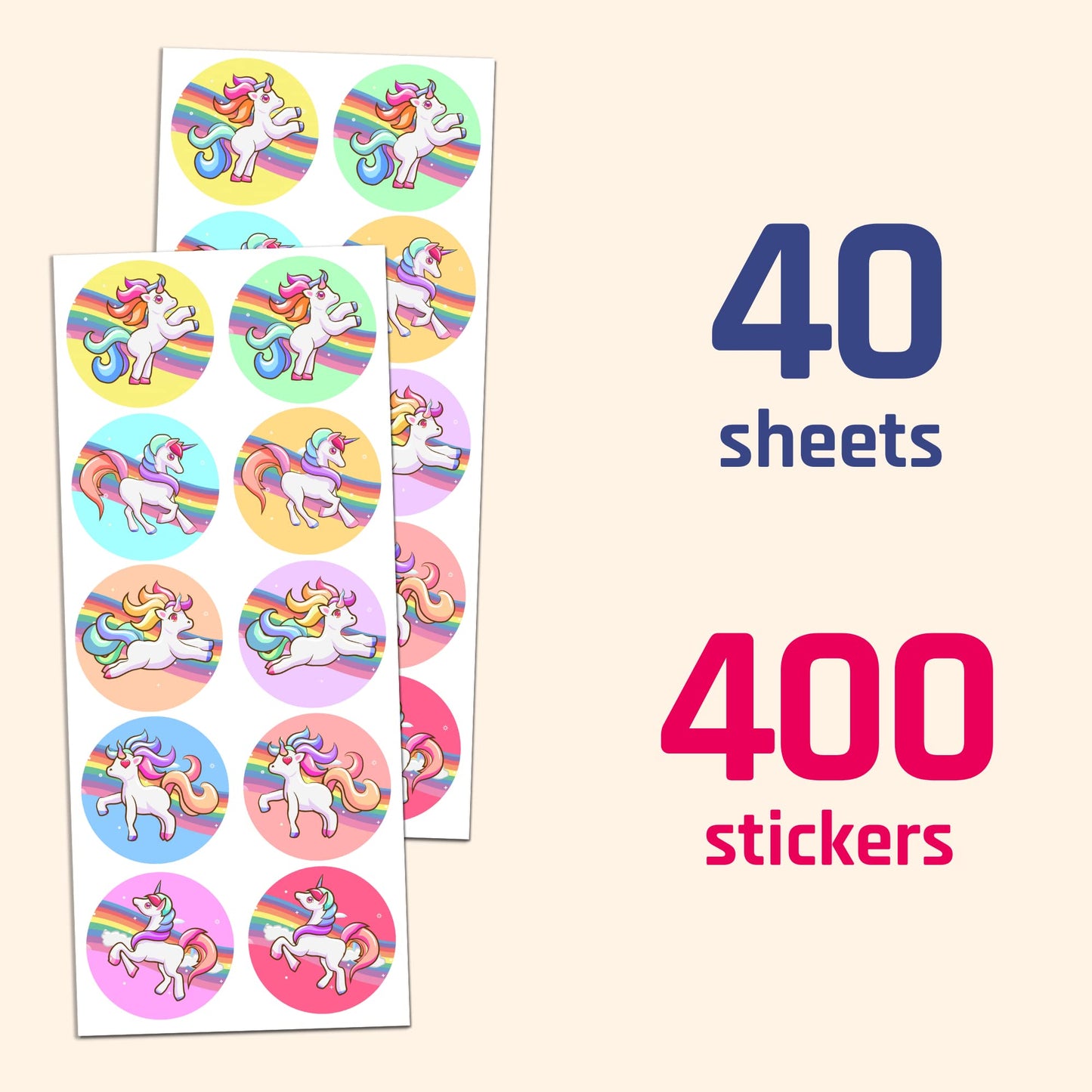40 Sheets - Unicorn Stickers For Party Bags - 400 Stickers, 1.5''