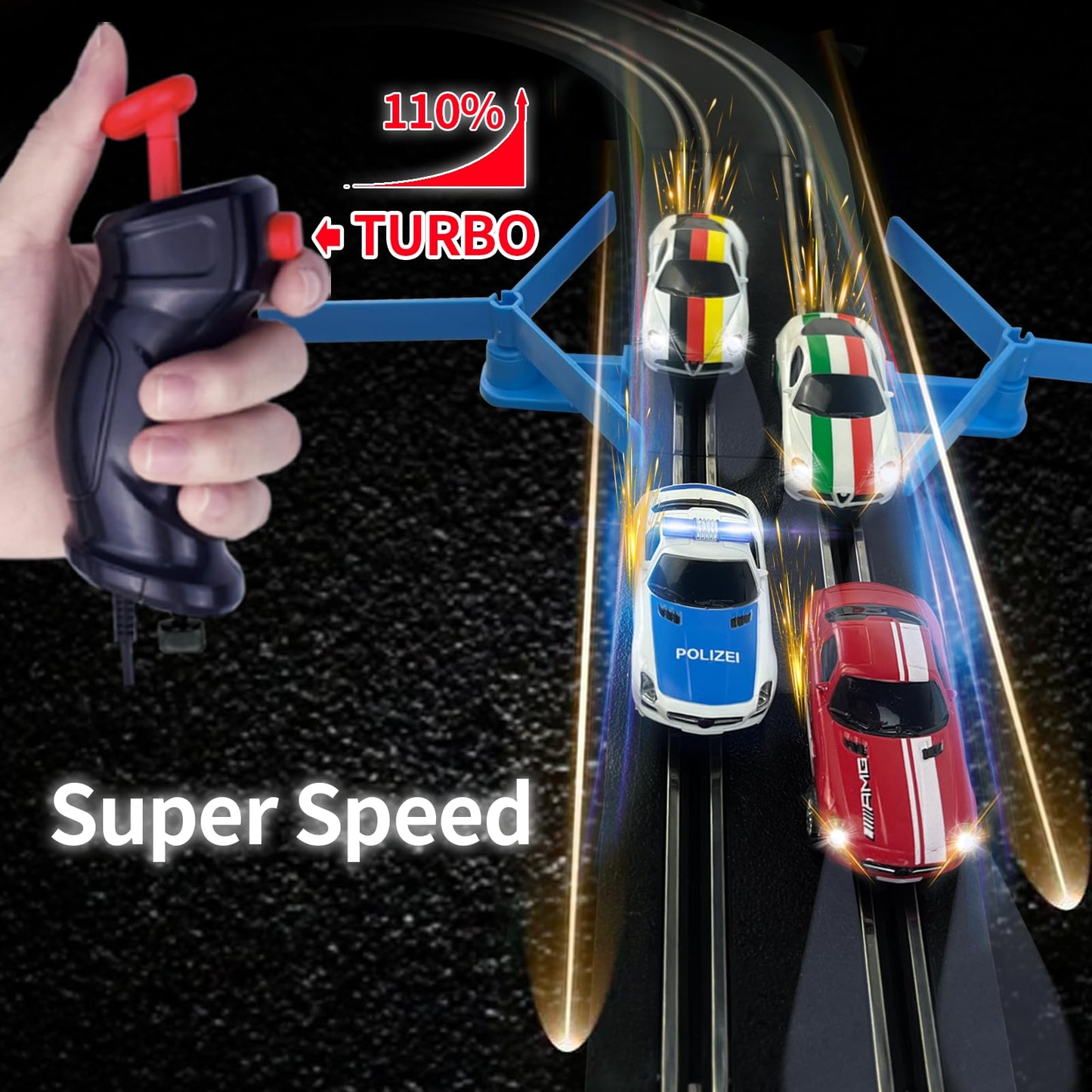 Agm Mastech Slot Car Race Track Sets With 4 Exquisite Slot Cars, Battery Or Electric Car Track, 2 Controllers, Lap Counter, Gift