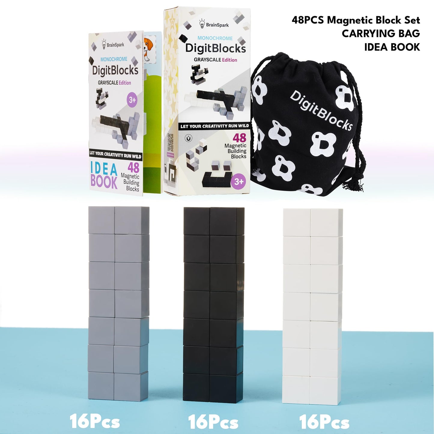 BrainSpark 48PCS Pastel Transparent DigitBlocks - Magnetic Building Blocks for Kids, Montessori STEM Toys, Includes Carrying Bag & Idea Book