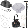 Matiniy 100th Day of School Old Lady Costume Grandma with Glasses Necklace Wig Granny Cane Set for School Event (Style1)