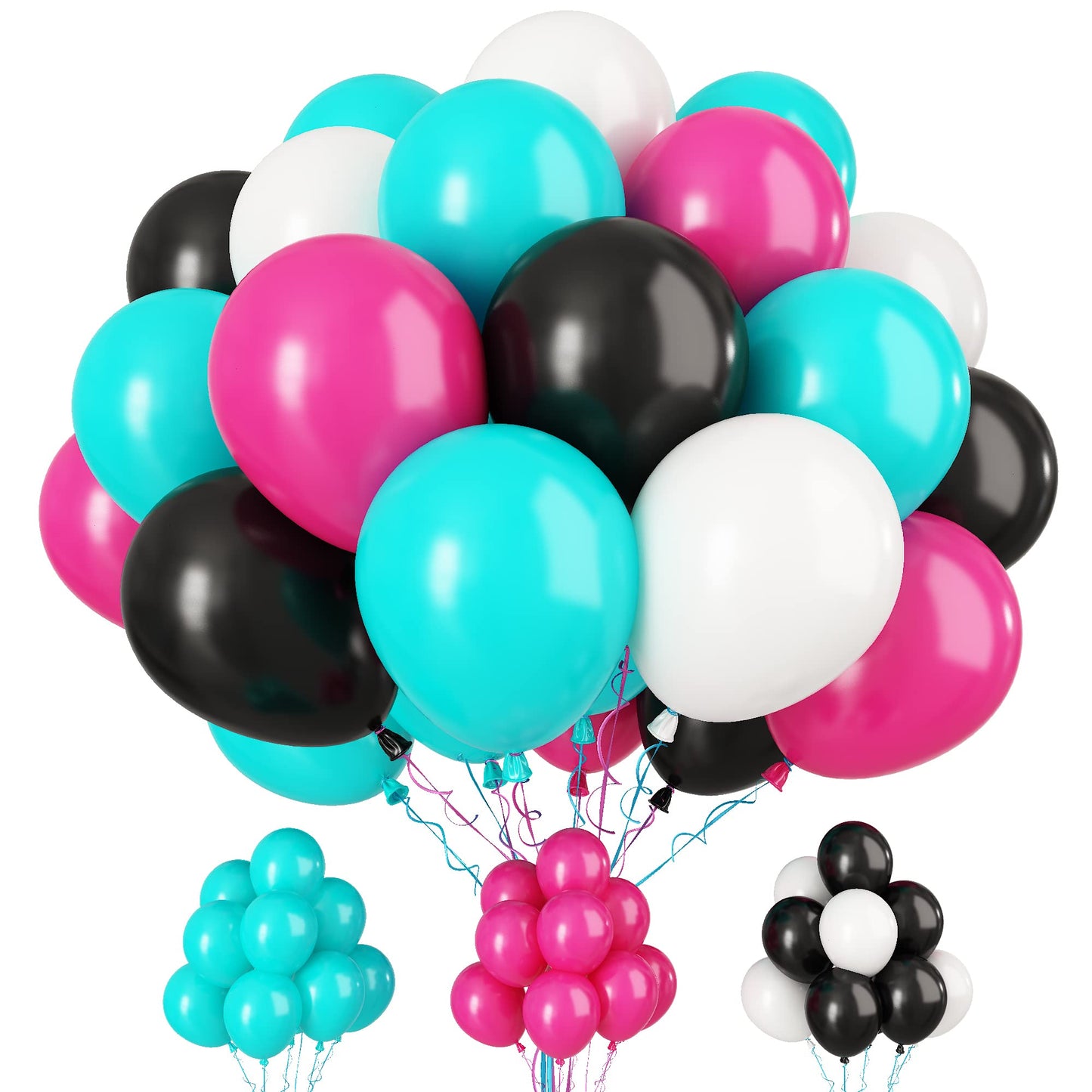 Paready Disco Music Party Balloons, 30 Pcs 12 Inch Hot Pink Black Blue And White Latex Balloons With Ribbons For 80S 90S Disco M