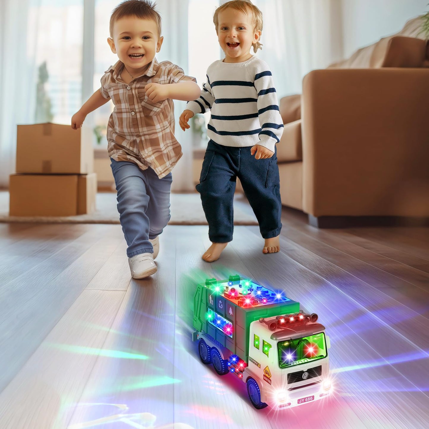choopheme Garbage Truck Toys with Music 4D Led Light Automatic Bump Light up Toys Garbage Truck Engine Push Car Toy Vehicle Tras
