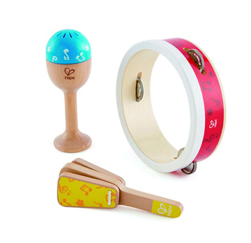 Hape Junior Percussion Set | 3 Piece Wooden Percussion Instrument Set For Toddlers, E0615