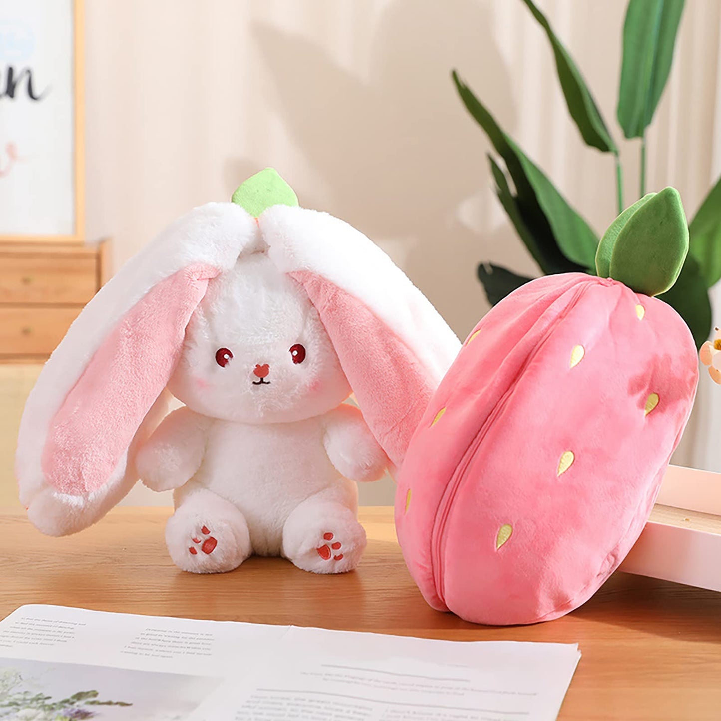 Mukorolee 2Pcs Reversible Carrot Strawberry Bunny Plush With Zipper, Easter Bunny Stuffed Animal Toy, Cute Rabbit Plushie Birthd