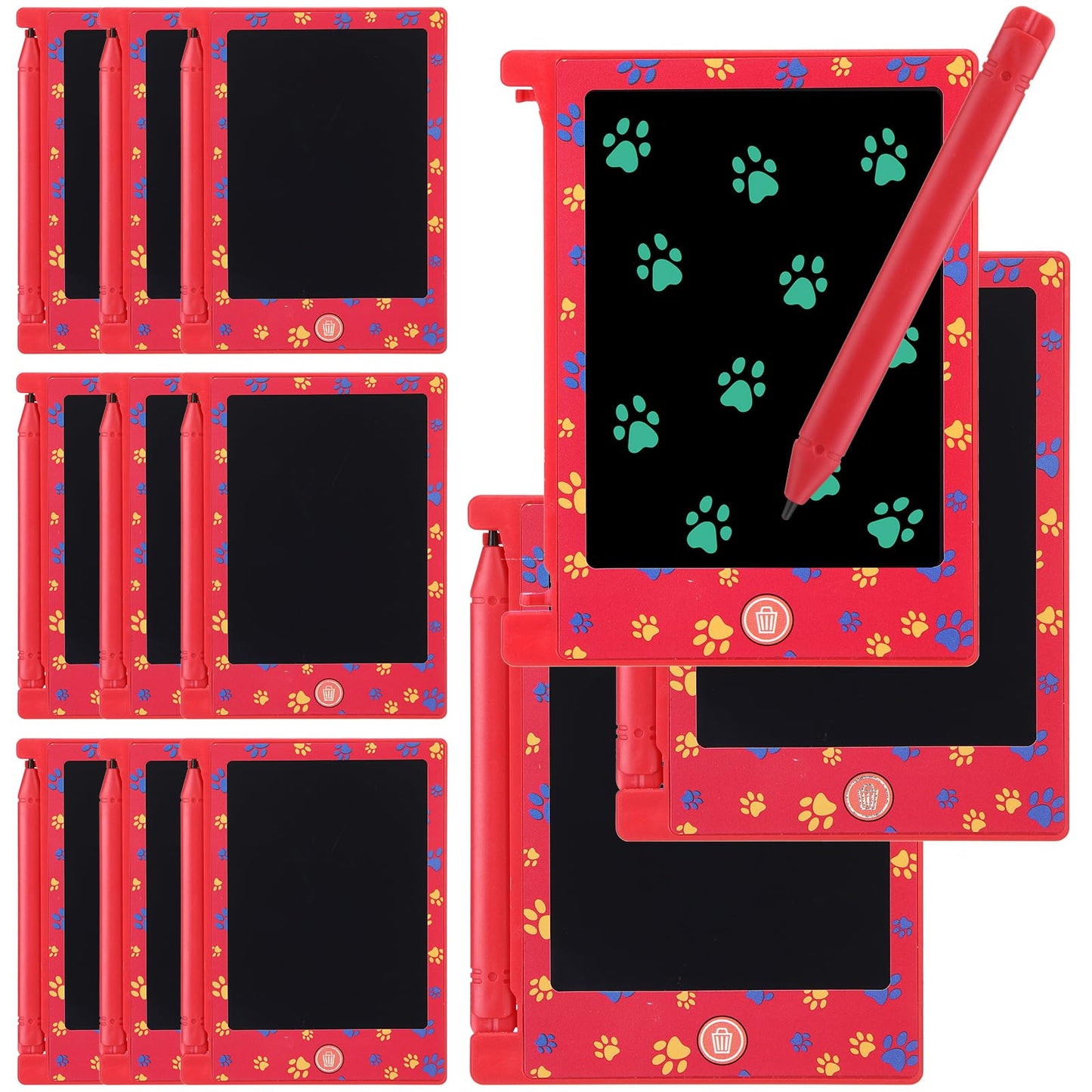 Nezyo 12 Pack Dog Paw Party Favors, 4.6 Red Pattern Kids LCD Writing Tablet Mini Drawing Tablet, Dog Paw Birthday Party Suppli