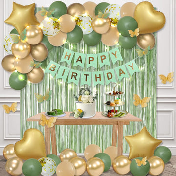 Msmancy Sage Green Birthday Decorations For Women Men 65Pcs With Happy Birthday Banner Curtains Butterfly Heart Star Led Light A