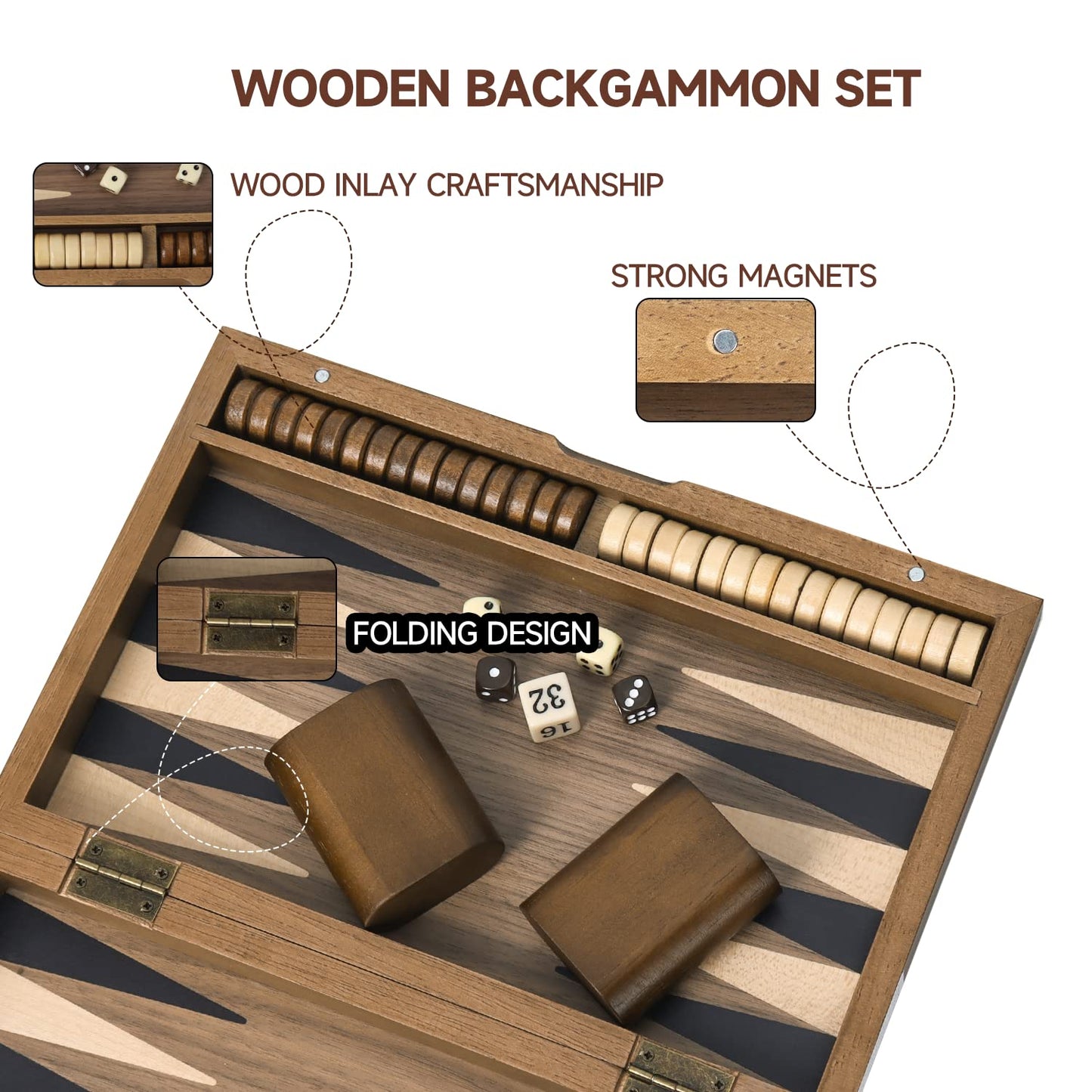GSE Games & Sports Expert enhanced Magnetic Wooden Folding Inlay Backgn Board Game Set  Classic Portable Travel Board Game (Double Stripe - 11 Inches)