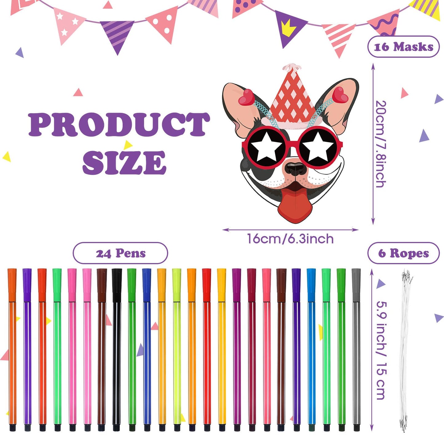 Lenwen 16 Set Animal DIY Masks Dog Coloring Dog Party with 24 Pcs Watercolor Pen Blank Jungle Animal Unpainted Masks for Kid Bir