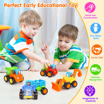 Orwine Inertia Toy Early Educational Toddler Baby Toy Friction Powered Cars Push And Go Cars Tractor Bulldozer Dumper Cement Mixer Engineering Vehicles Toys For Children Boys Girls Kids Gift 4Pcs