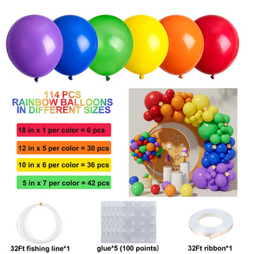 Rainbow Balloons 114Pcs Assorted Color 5/10/12/18 Inches Rainbow Latex Balloons,Multicolor Bright Balloons For Lgbt Wedding Part