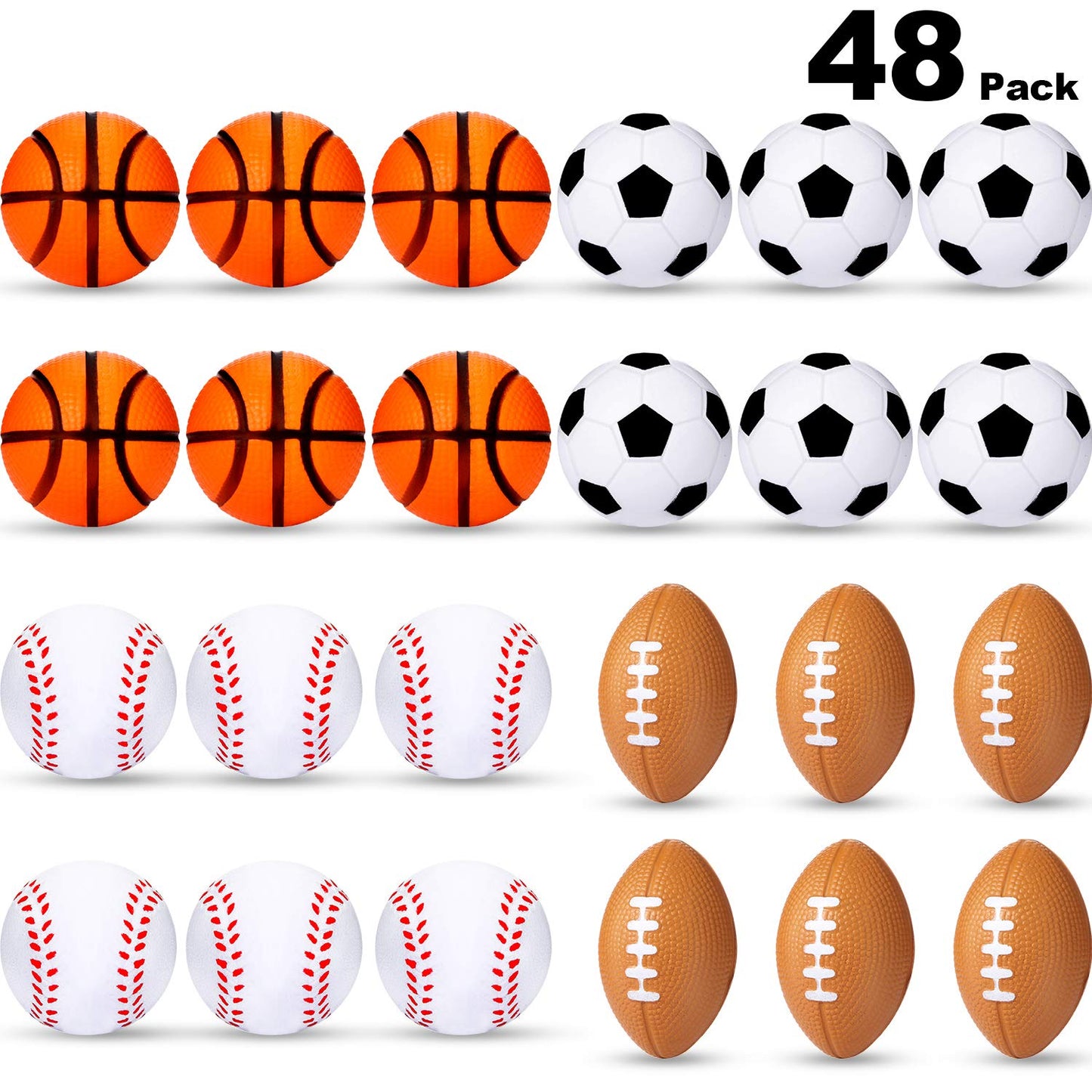 Blulu 48 Pack Sports Stress Balls for Kids Mini Footballs Mini Baseball, Soccer, Basketball, Foam Stress Balls for Anxiety Relie