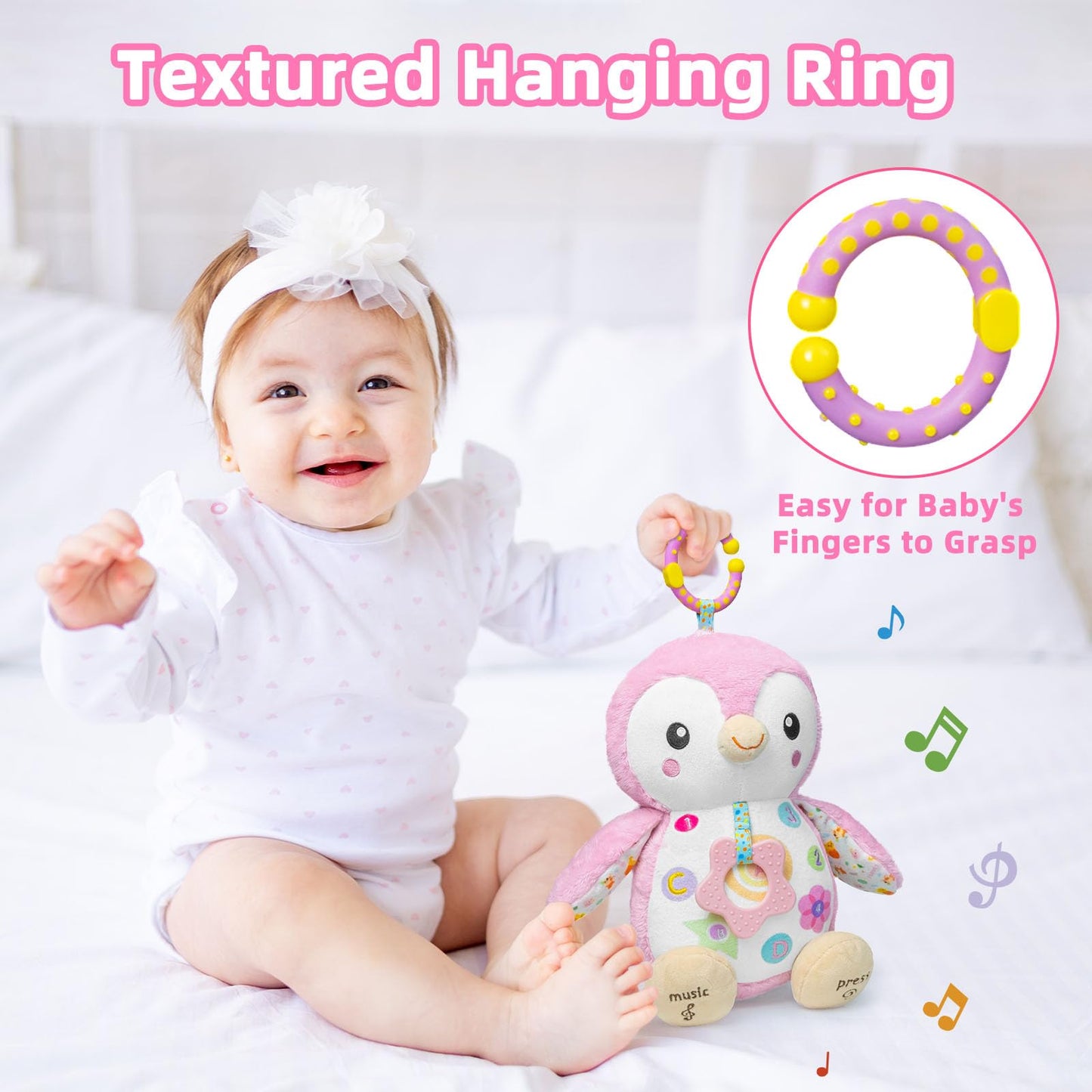 Fuzqq Baby Toys 0-6 Months,Musical Stuffed Animal Plush Toy,Textured Hanging Ring,Rattles & Crinkle Sound Paper,Tummy Time Toys