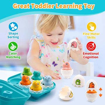 Moontoy Easter Dinosaur Egg Toys For Toddlers 1-3 Matching Game, Dino Eggs Montessori Toys For Babies 6-12 Month Baby Puzzles 12-18 Months Play Shape Sorter Sorting Sensory Gift Easter Basket Stuffers