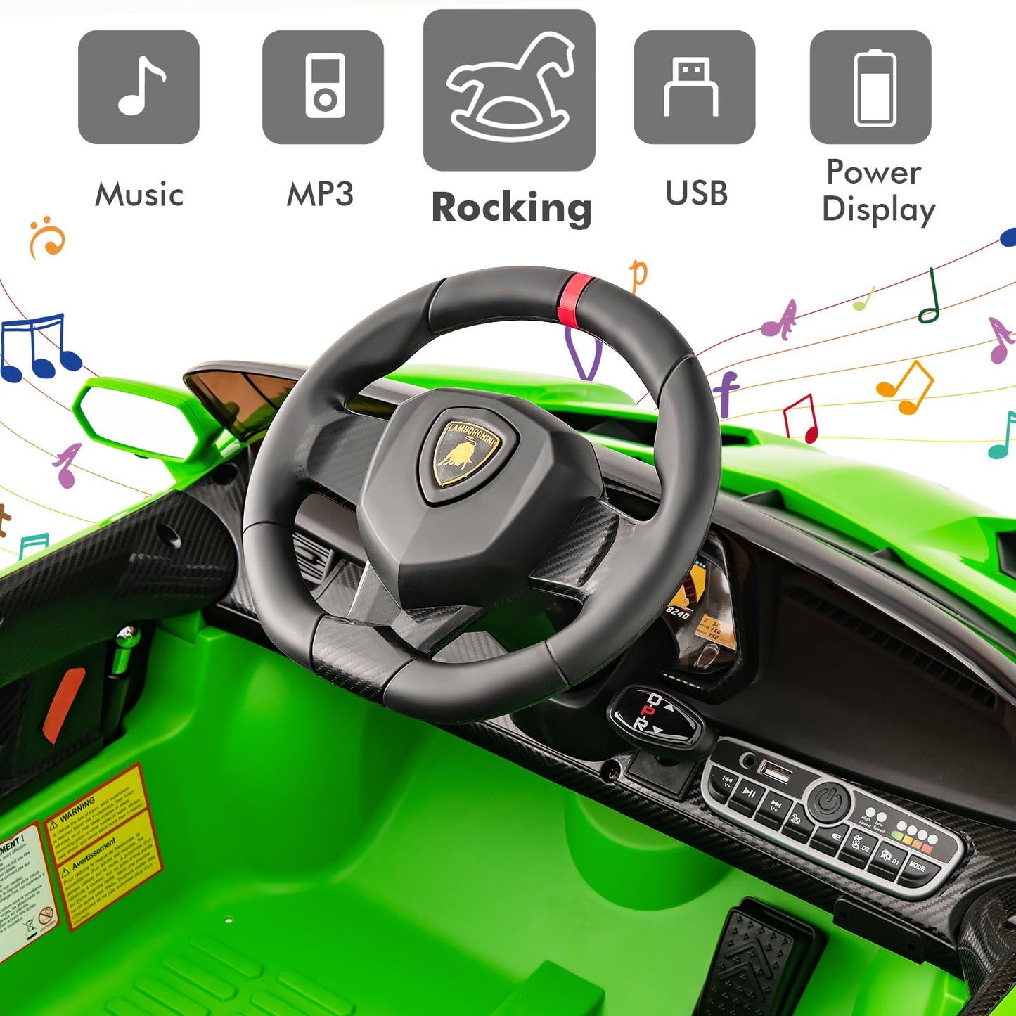Olakids Kids Ride On Car, 12V 4Wd Licensed Lamborghini Veneno Electric Vehicle With Remote Control, Toddlers Battery Powered Toy Gift With 2 Speeds, Rocking Mode, Music, Usb, Mp3 (Green)