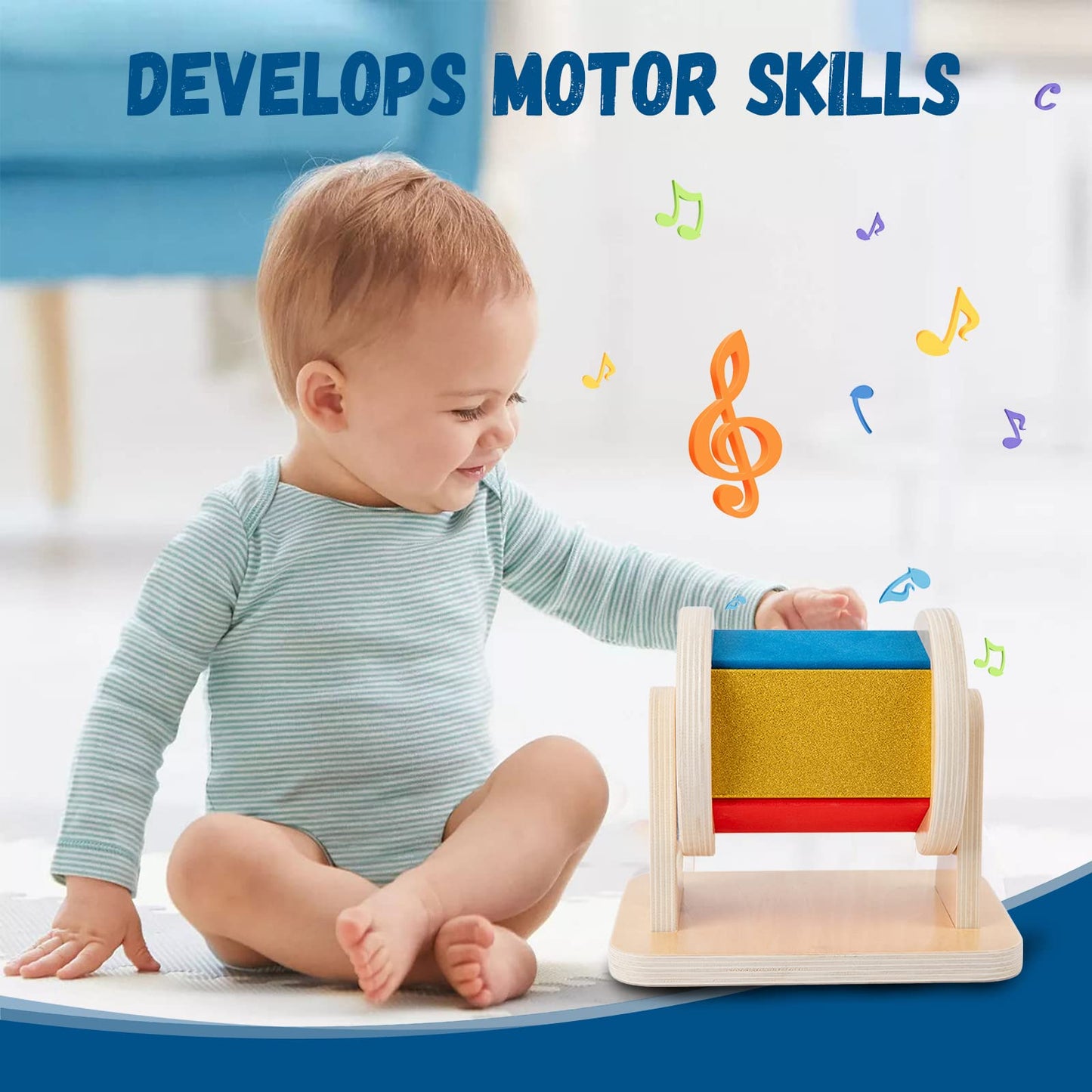 Adena Montessori Spinning Drum Toy - Wooden Rainbow Baby Toy for 6-12 Months, Medium Size Gift for Boys and Girls