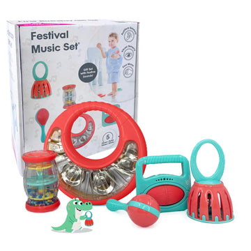 Edushape Festival Music Gift Set - Baby Musical Instruments Include Mini Rain Stick, Crackle & Roll, Bell, Tambourine, Maracas - Interactive Baby Musical Toys For Kids And Toddlers 18 Months And Up